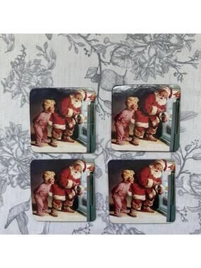 Vtg Coca Cola Coke Christmas Coasters Santa Cork Nostalgia 90s Holiday Set 4